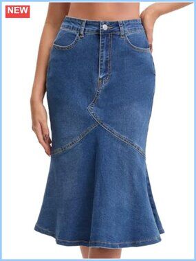 Women's Midi Fishtail Denim Skirt High Rise Fit and Flare Jean Skirt